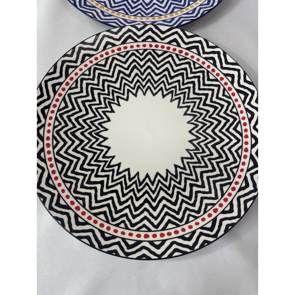 Set Of 6 Handmade Geometric Zig Zag Colorful Dinner Plates  10.25" - Picture 2 of 8